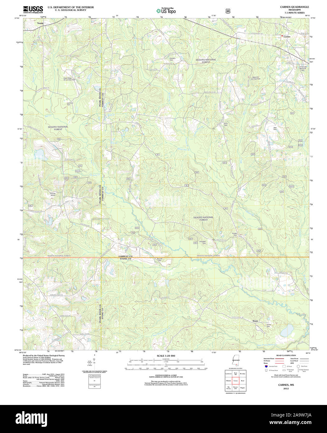 USGS TOPO Map Mississippi MS Carnes 20120413 TM il restauro Foto Stock