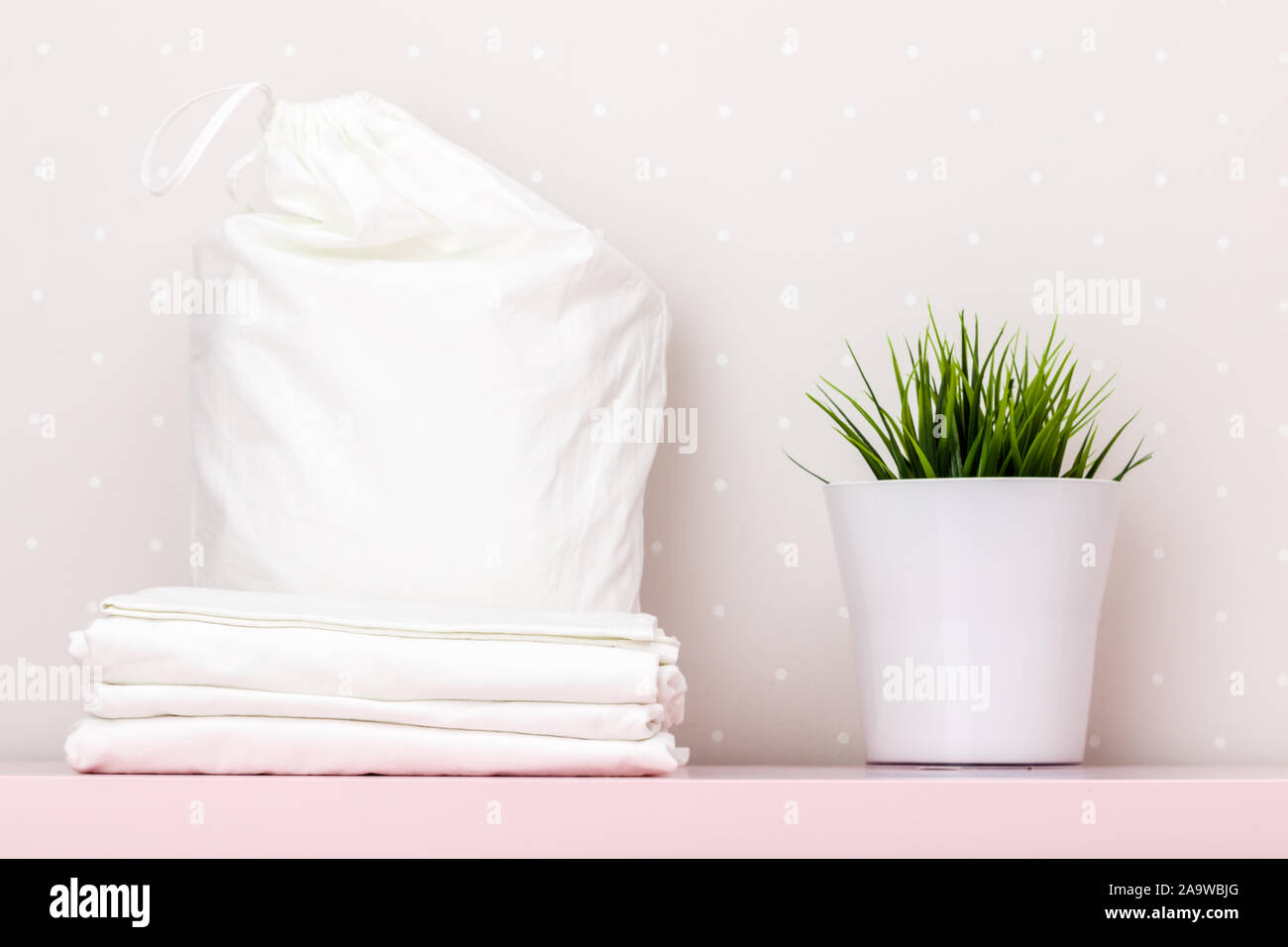 Una pila di lenzuola pulite, un sacchetto per immagazzinare una pianta di casa su un tavolo contro una parete di luce. Foto Stock