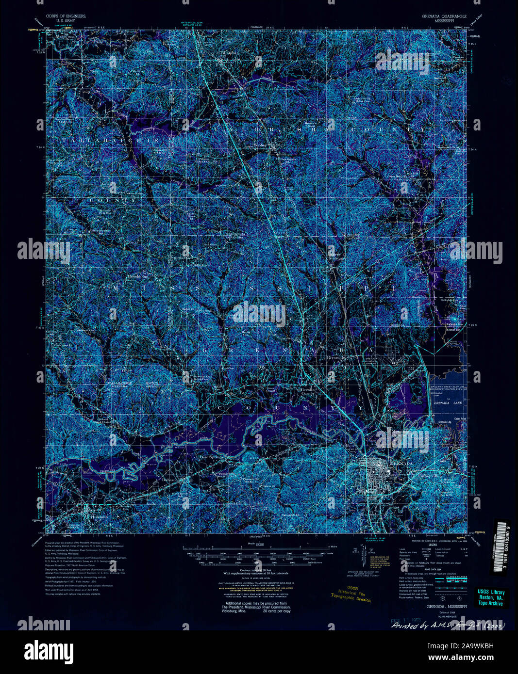 USGS TOPO Map Mississippi MS Grenada 336921 1954 62500 Restauro invertito Foto Stock