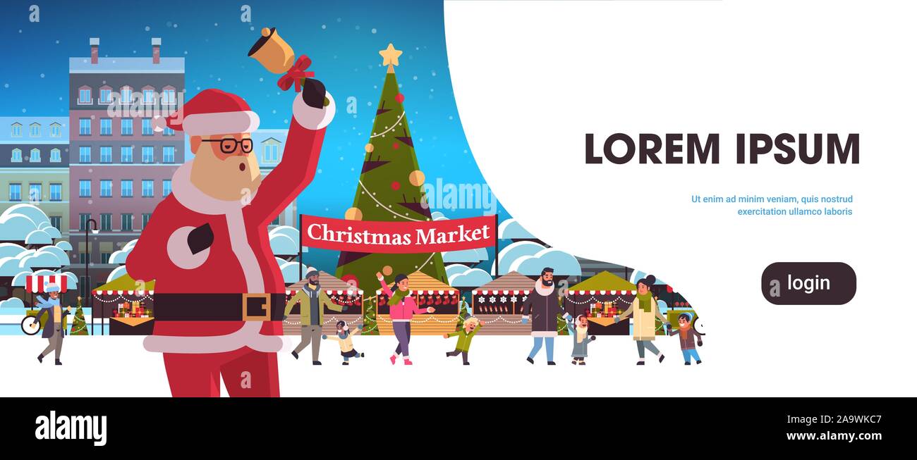 Santa holding campana mercatino di natale fiera vacanze con abete mix gara gente camminare nei pressi di bancarelle Merry Xmas vacanze di capodanno celebrazione concetto cityscape sfondo copia orizzontale spazio illustrazione vettoriale Illustrazione Vettoriale
