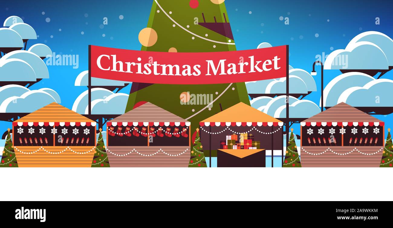 Il mercatino di Natale o vacanze fiera outdoor decorate con abete Merry Xmas anno nuovo vacanze invernali celebrazione concetto sullo sfondo del paesaggio orizzontale illustrazione vettoriale Illustrazione Vettoriale