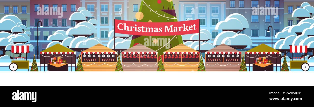 Il mercatino di Natale o vacanze fiera outdoor decorate con abete Merry Xmas anno nuovo vacanze invernali celebrazione nozione moderna città street cityscape orizzontale di sfondo illustrazione vettoriale Illustrazione Vettoriale