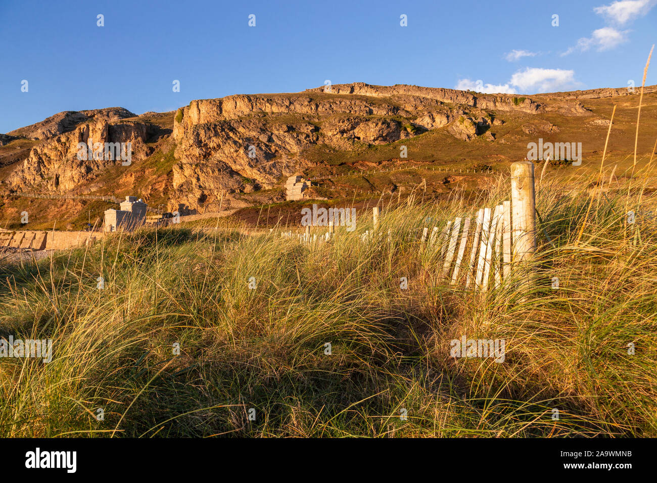 Llandudno West Shore dune e Great Orme, il Galles del Nord Foto Stock