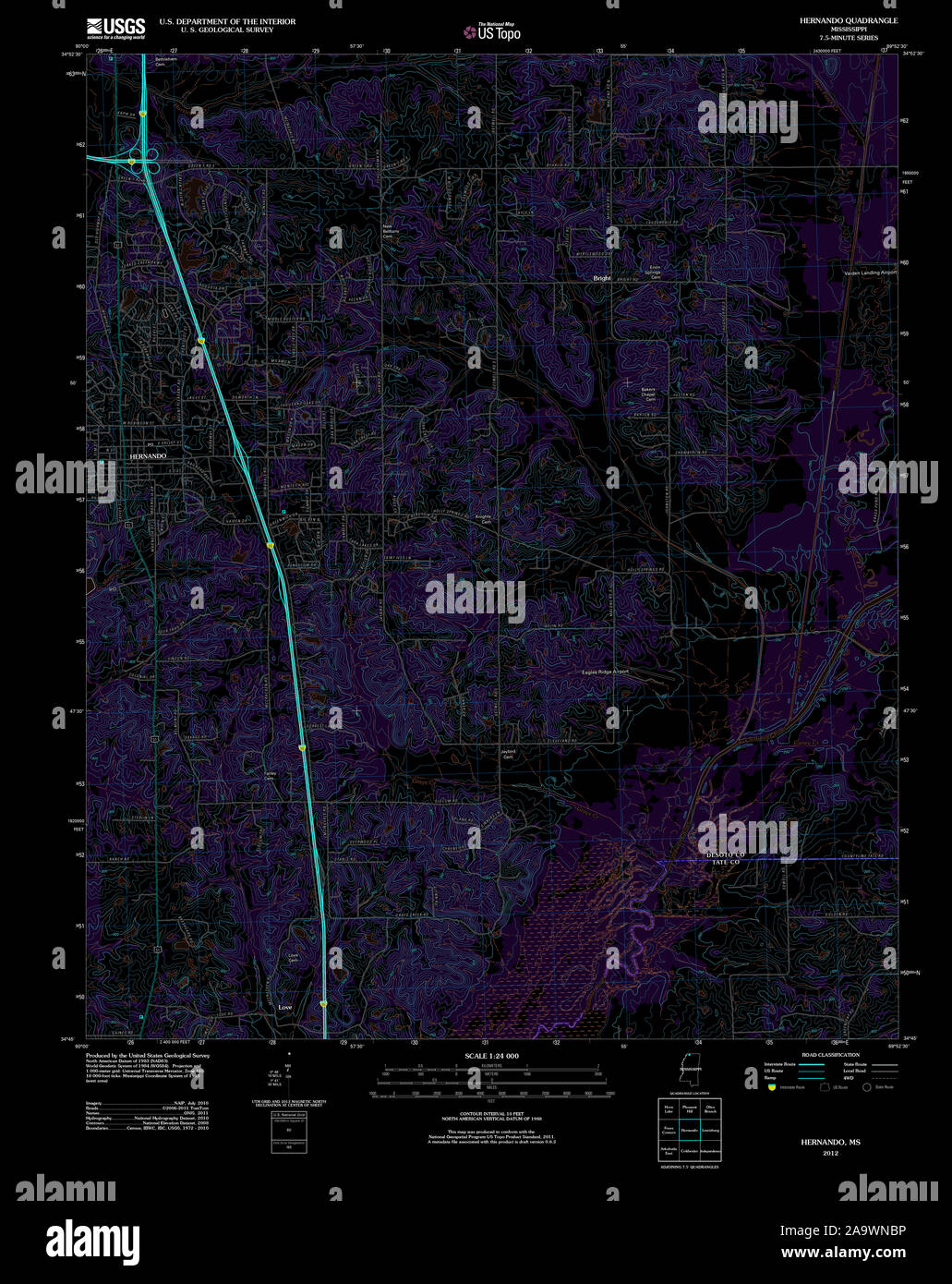 USGS TOPO Map Mississippi MS Hernando 20120402 TM restauro invertito Foto Stock