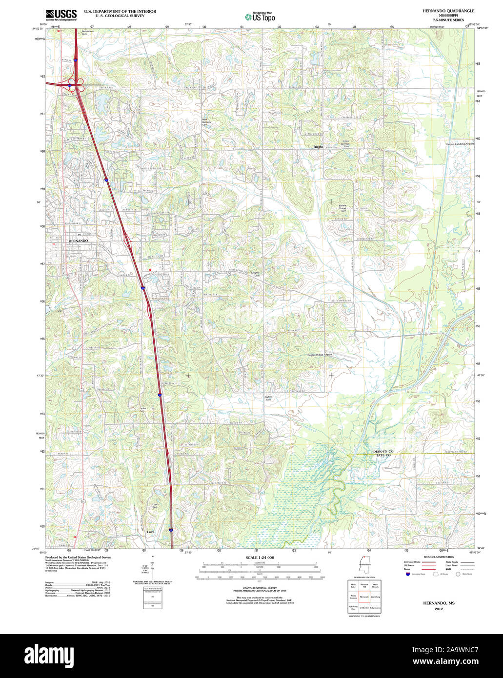 USGS TOPO Map Mississippi MS Hernando 20120402 TM il restauro Foto Stock