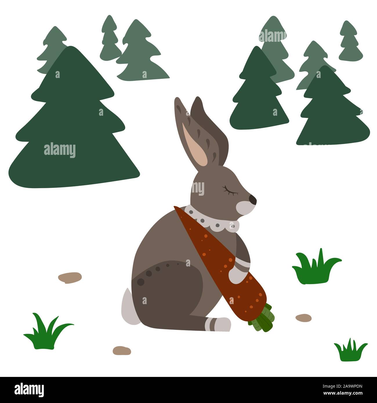 Lepre con la carota. Foresta con erba e montare l'albero. Illustrazione Vettoriale. Illustrazione Vettoriale