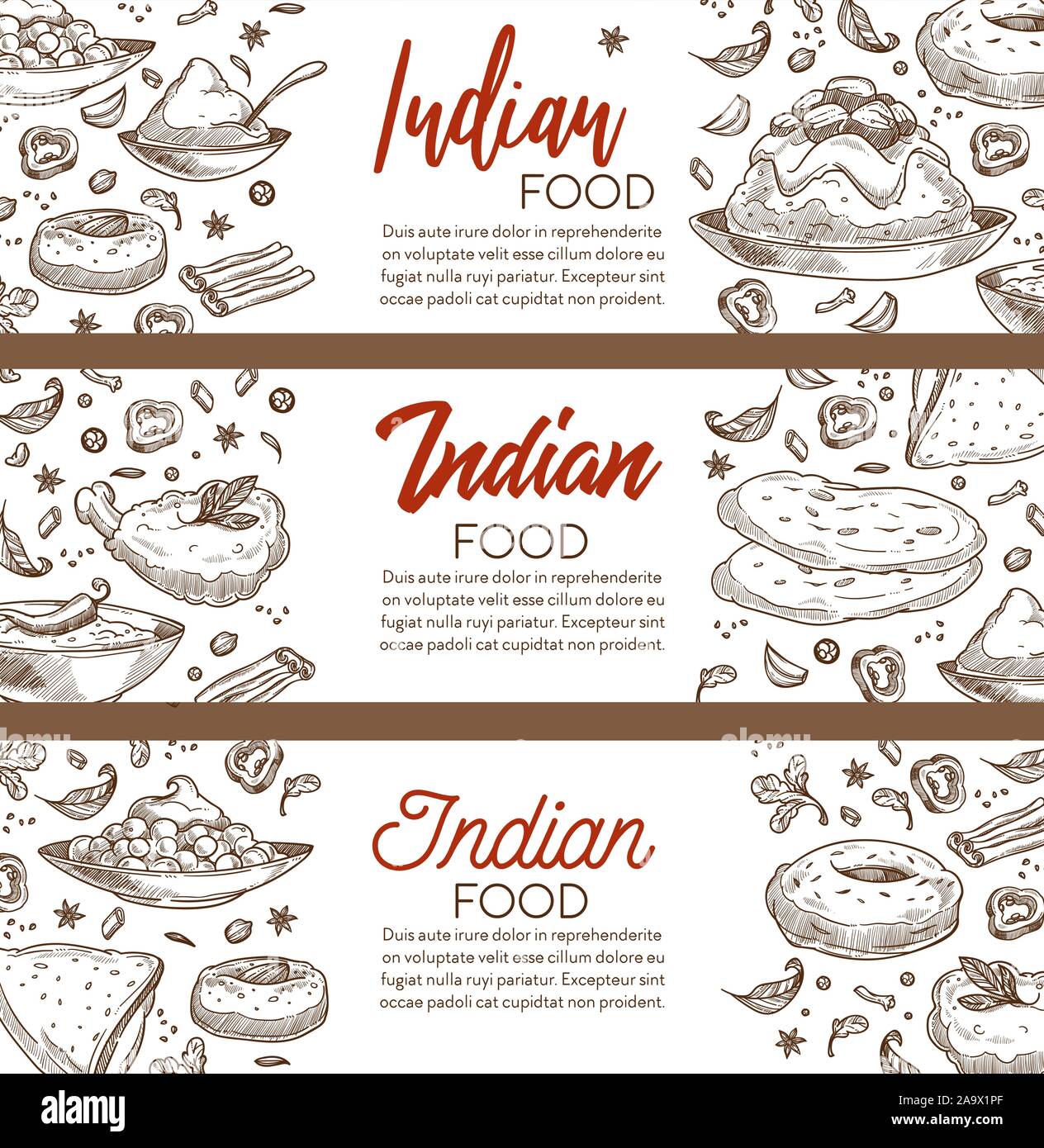 Il menu del ristorante con cibo indiano, la cucina dell'India schizzo banner Illustrazione Vettoriale