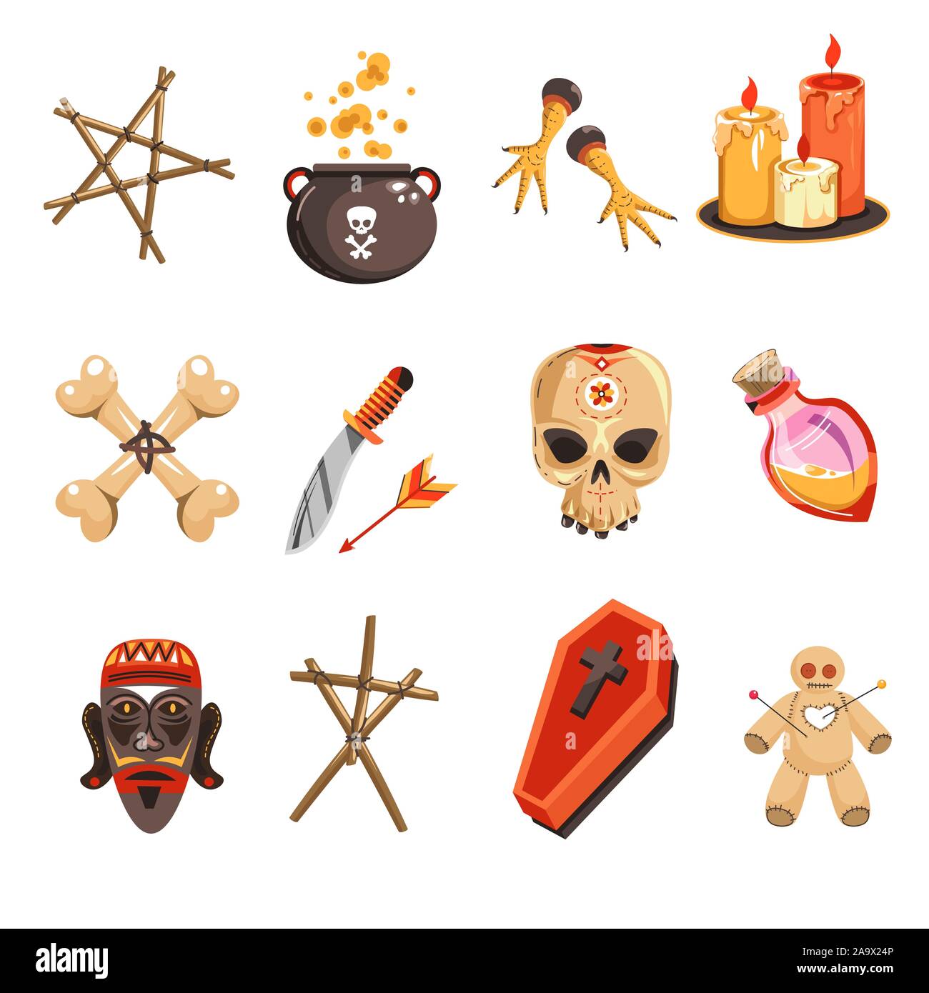 In Africa le pratiche occulte o voodoo attributi tribali icone isolato Illustrazione Vettoriale