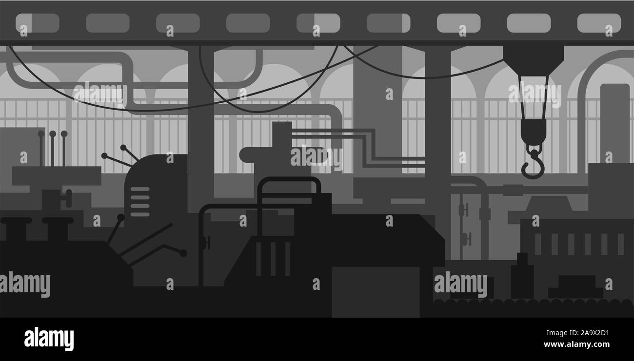 Impianto o stabilimento interno, il convogliatore e la linea di prodotto, paesaggio industriale Illustrazione Vettoriale