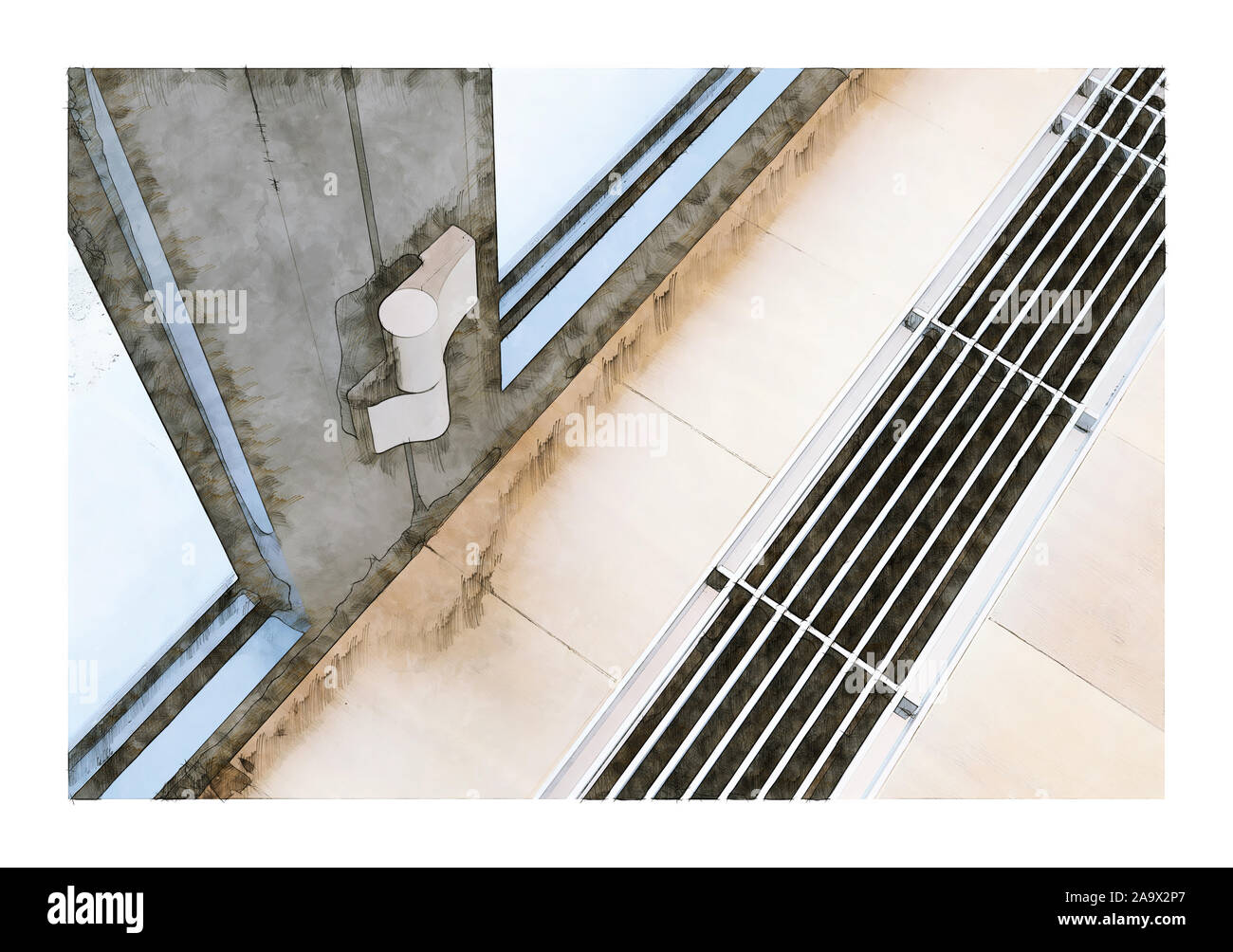 Immagine che mostra lo schizzo e il layout di una griglia di riscaldamento con ventilazione dal pavimento in rivestimenti in legno per pavimenti Foto Stock