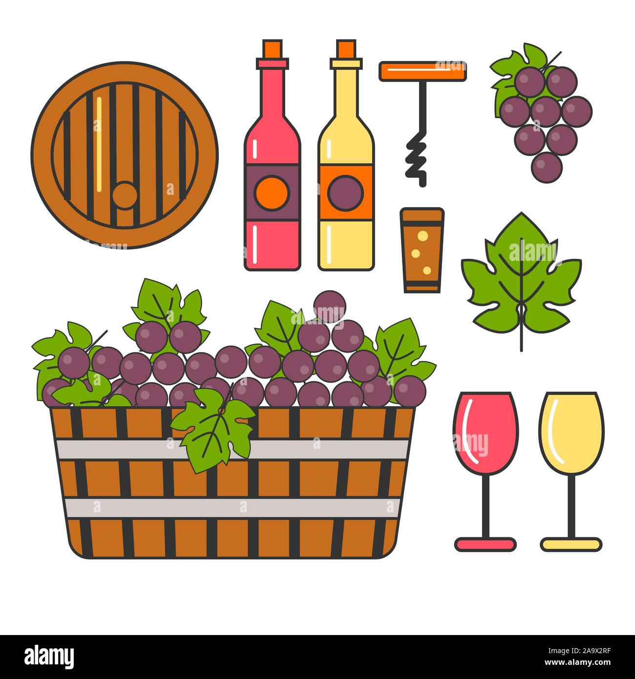 Uva e vino, vinificazione e cantina, canna e bottiglia icone isolato Illustrazione Vettoriale