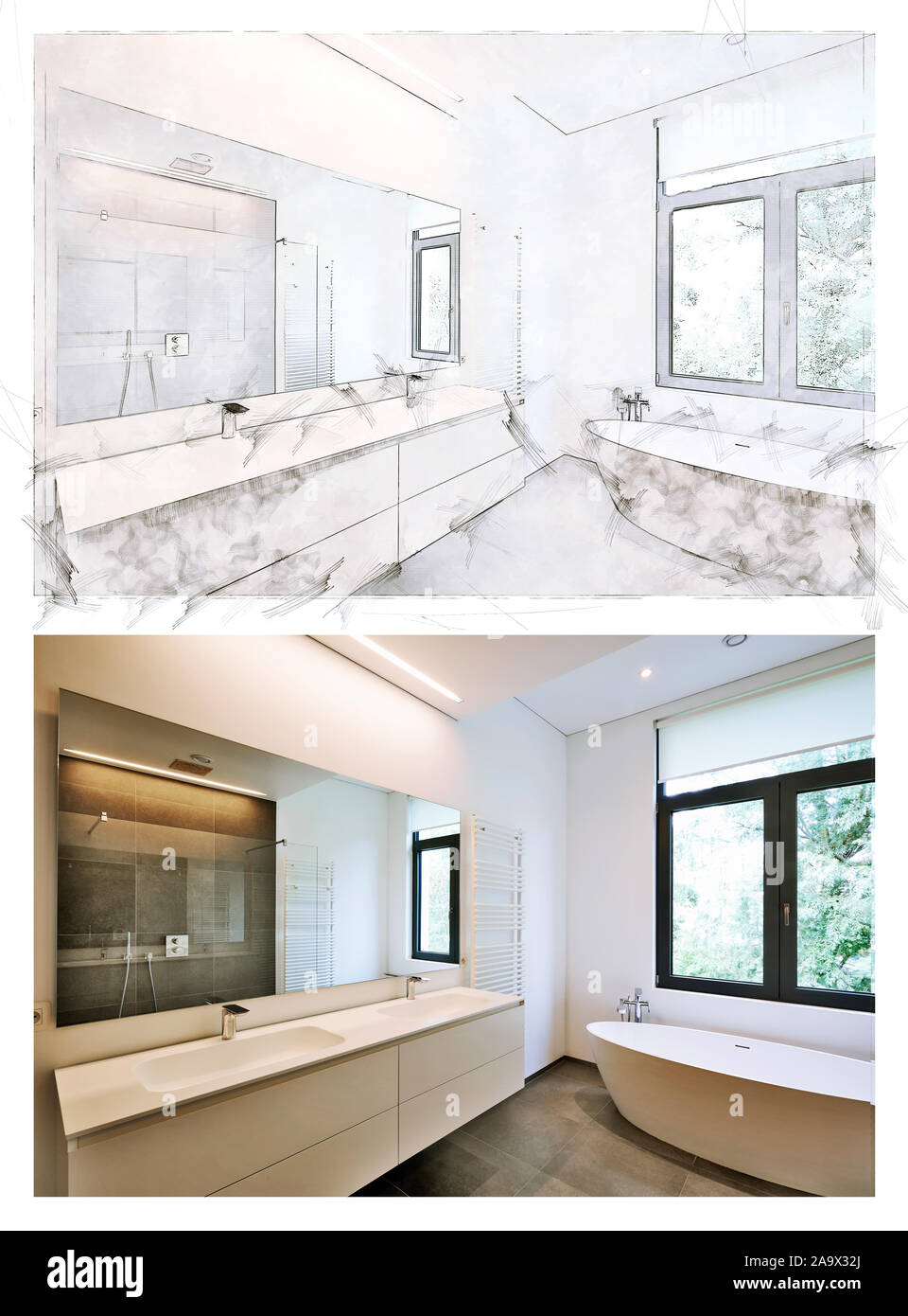 Immagine che mostra lo schizzo e il risultato di una vasca da bagno in corian, rubinetto e doccia in bagno rivestito di piastrelle con windows verso il giardino Foto Stock
