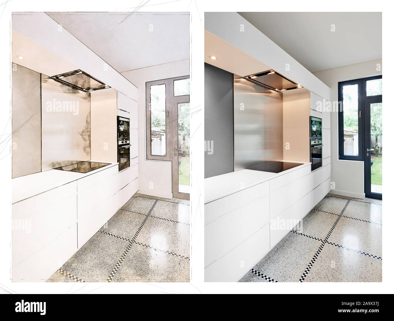 Immagine che mostra lo schizzo e il risultato di una elegante cucina moderna con interni in prospettiva Foto Stock