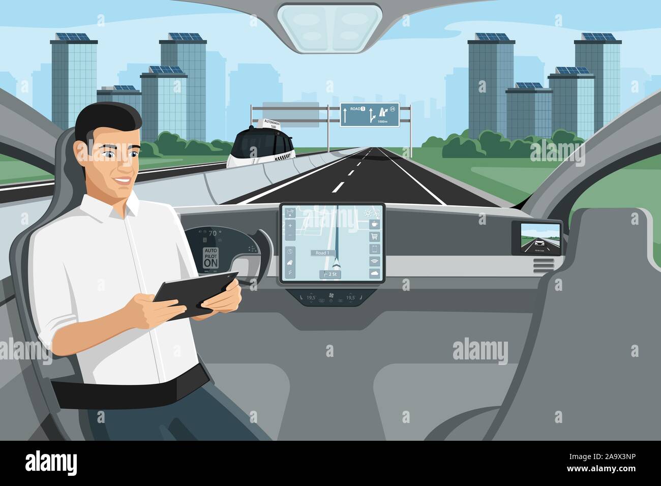 Passeggero seduto nel sedile quando io autonomo guida corse in auto sull'autostrada. Illustrazione Vettoriale Illustrazione Vettoriale