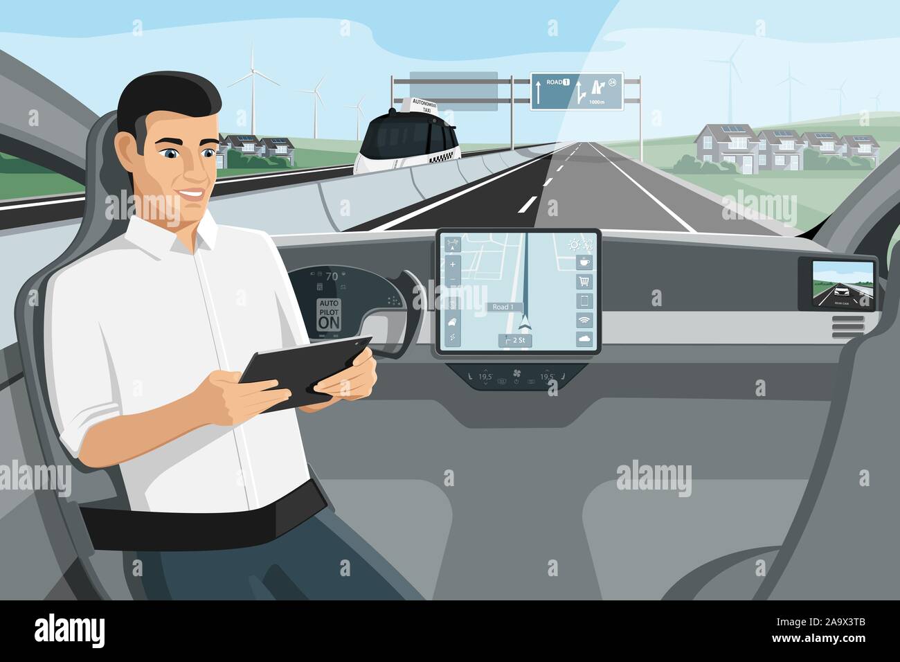 Passeggero seduto nel sedile quando io autonomo guida corse in auto sull'autostrada. Illustrazione Vettoriale Illustrazione Vettoriale