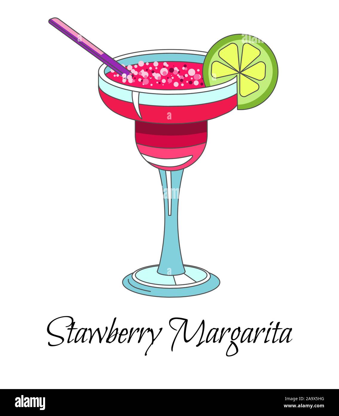 Cocktail di benvenuto, strawberry margarita con calce e paglia, icona isolato Illustrazione Vettoriale
