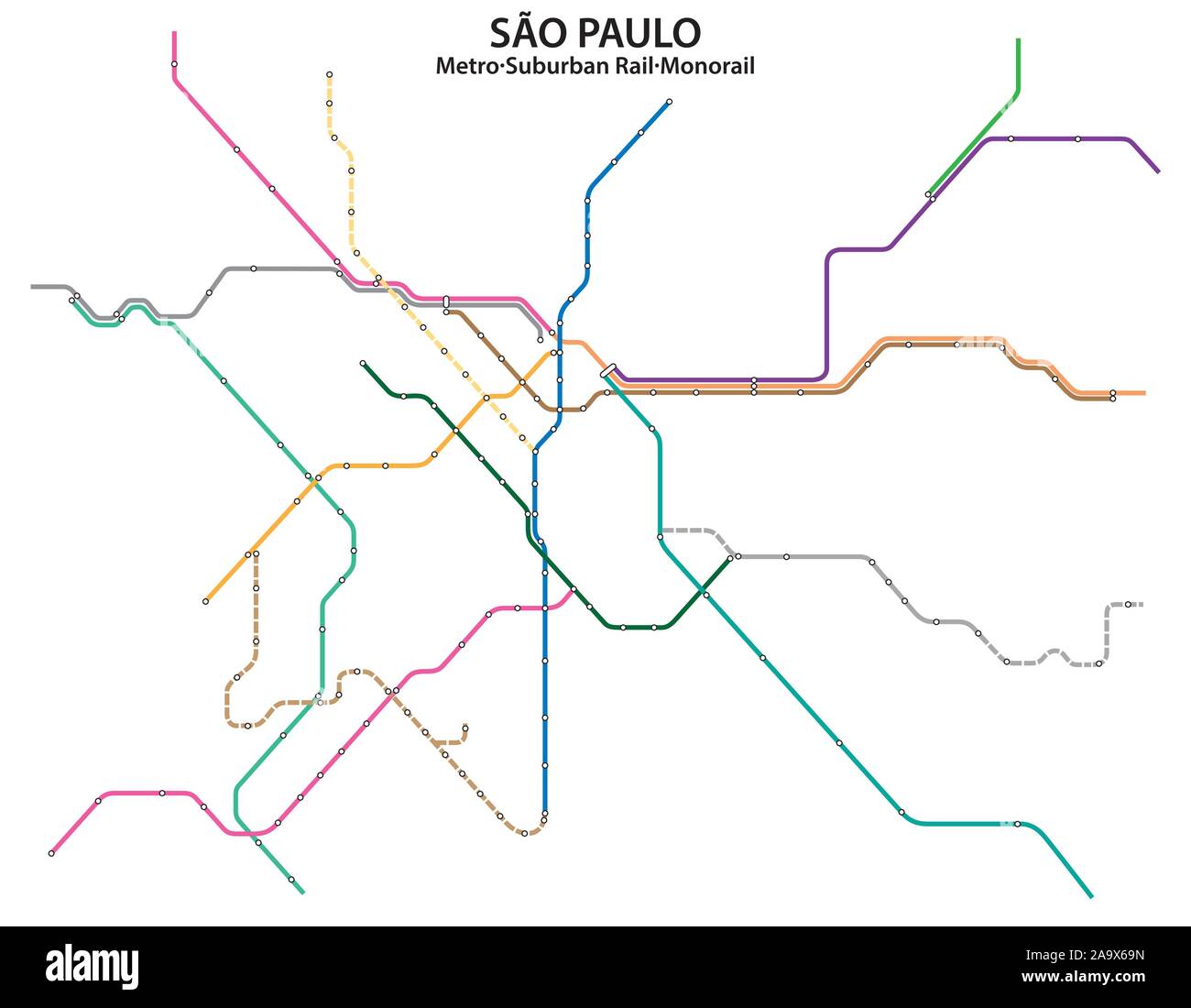 Mappa di Sao Paulo Metro ferrovia suburbana e monorotaia Illustrazione Vettoriale