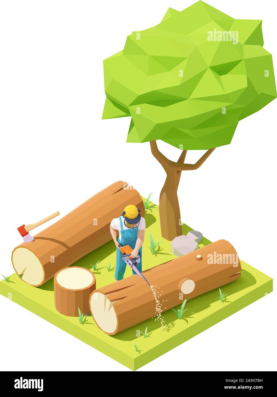 Vettore lumberjack isometrica albero di taglio con sega a nastro Illustrazione Vettoriale