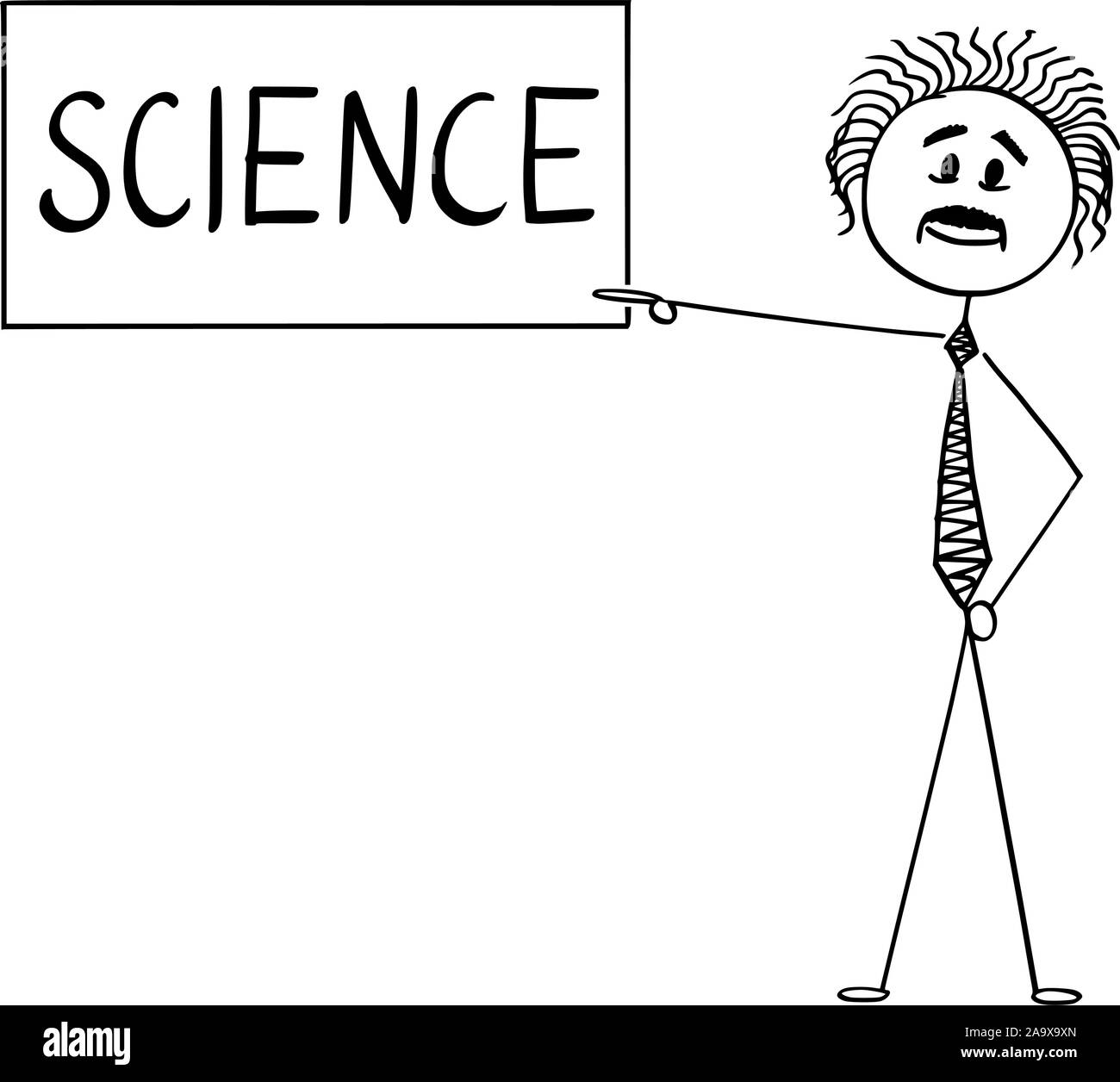 Vector cartoon stick figura disegno illustrazione concettuale dello scienziato Albert Einstein puntando alla scienza del testo in segno. Illustrazione Vettoriale