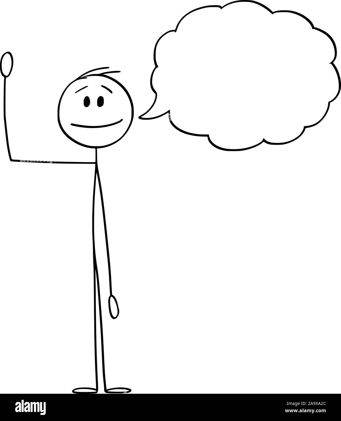 Vector cartoon stick figura disegno illustrazione concettuale dell'uomo o imprenditore agitando la mano e saluto con un testo vuoto bolla o palloncino del parlato per il tuo testo. Illustrazione Vettoriale