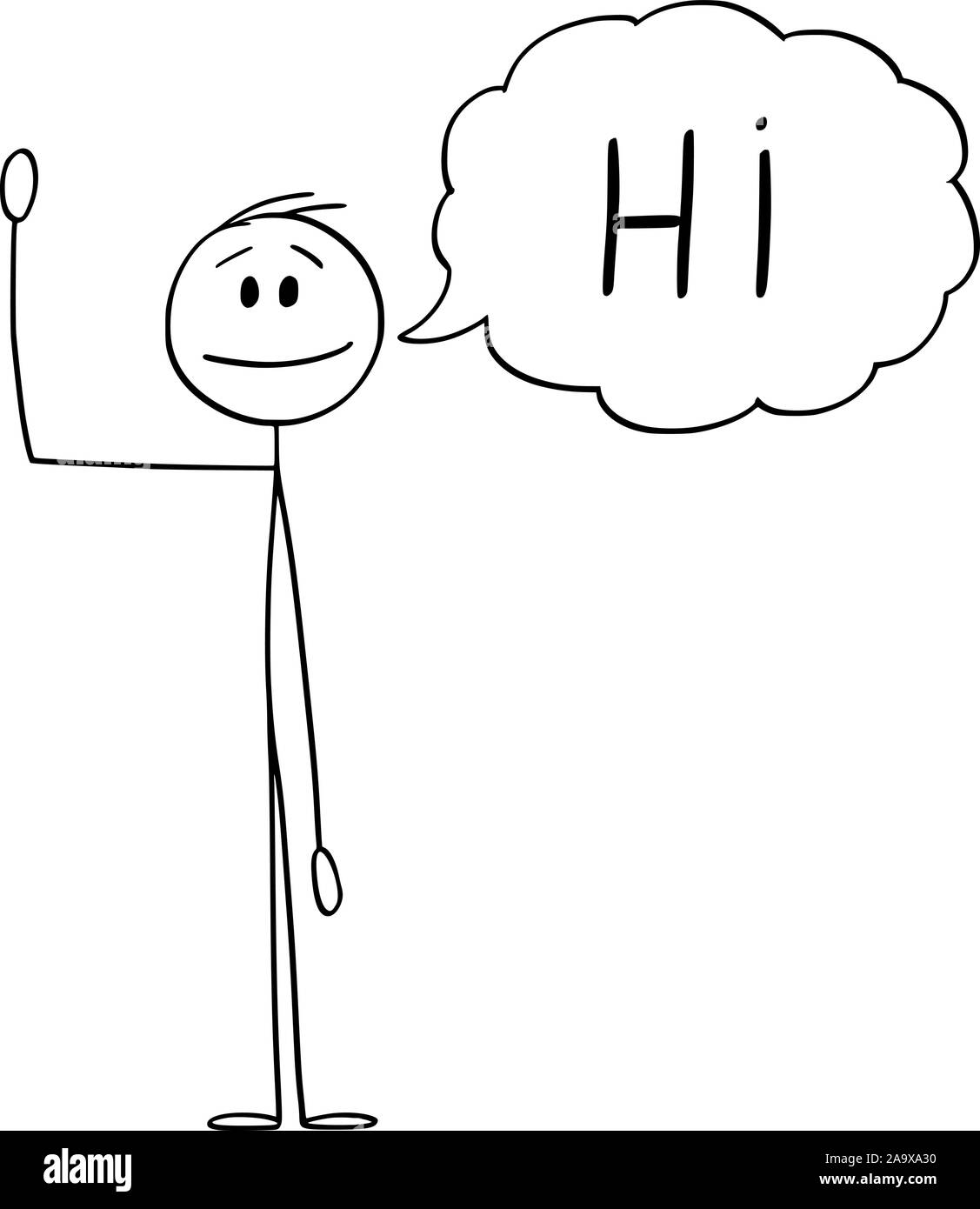Vector cartoon stick figura disegno illustrazione concettuale dell'uomo o imprenditore agitando la mano e saluto con bolla di testo o discorso dicendo a palloncino hi. Illustrazione Vettoriale