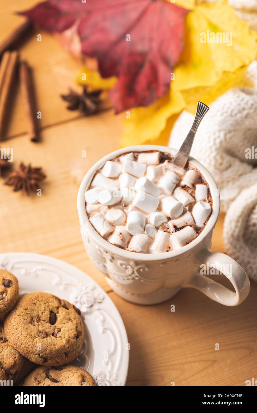 Cioccolata calda con marshmallows e biscotti con scaglie di cioccolato su un tavolo di legno. Caduta stagione autunnale comfort food Foto Stock