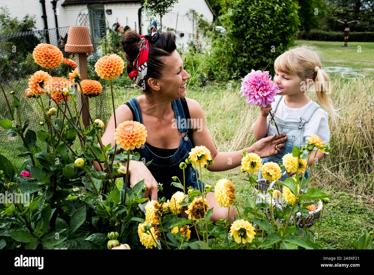 Ragazza e la donna in ginocchio in un giardino, picking rosa e giallo dalie. Foto Stock