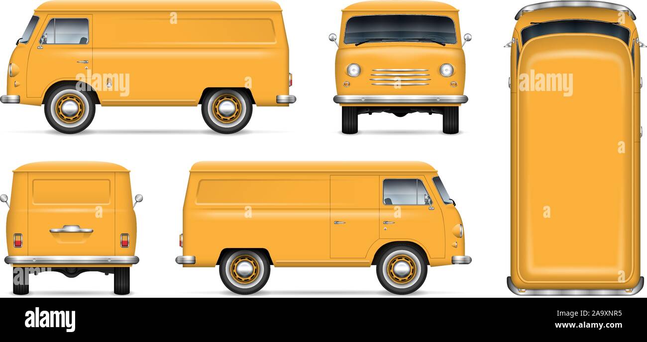 Vecchie gialle van mockup del vettore su sfondo bianco. Minivan isolato vista dal lato anteriore, posteriore e superiore. Tutti gli elementi in gruppi di strati separati Illustrazione Vettoriale