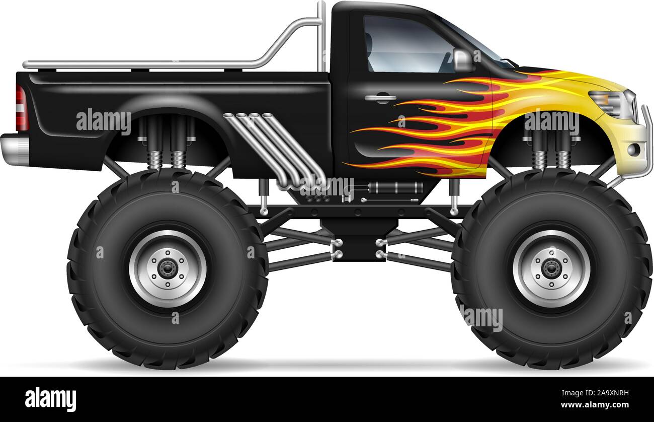 Black monster truck con strisce di fuoco vista laterale. Tutti gli elementi in gruppi di strati separati Illustrazione Vettoriale