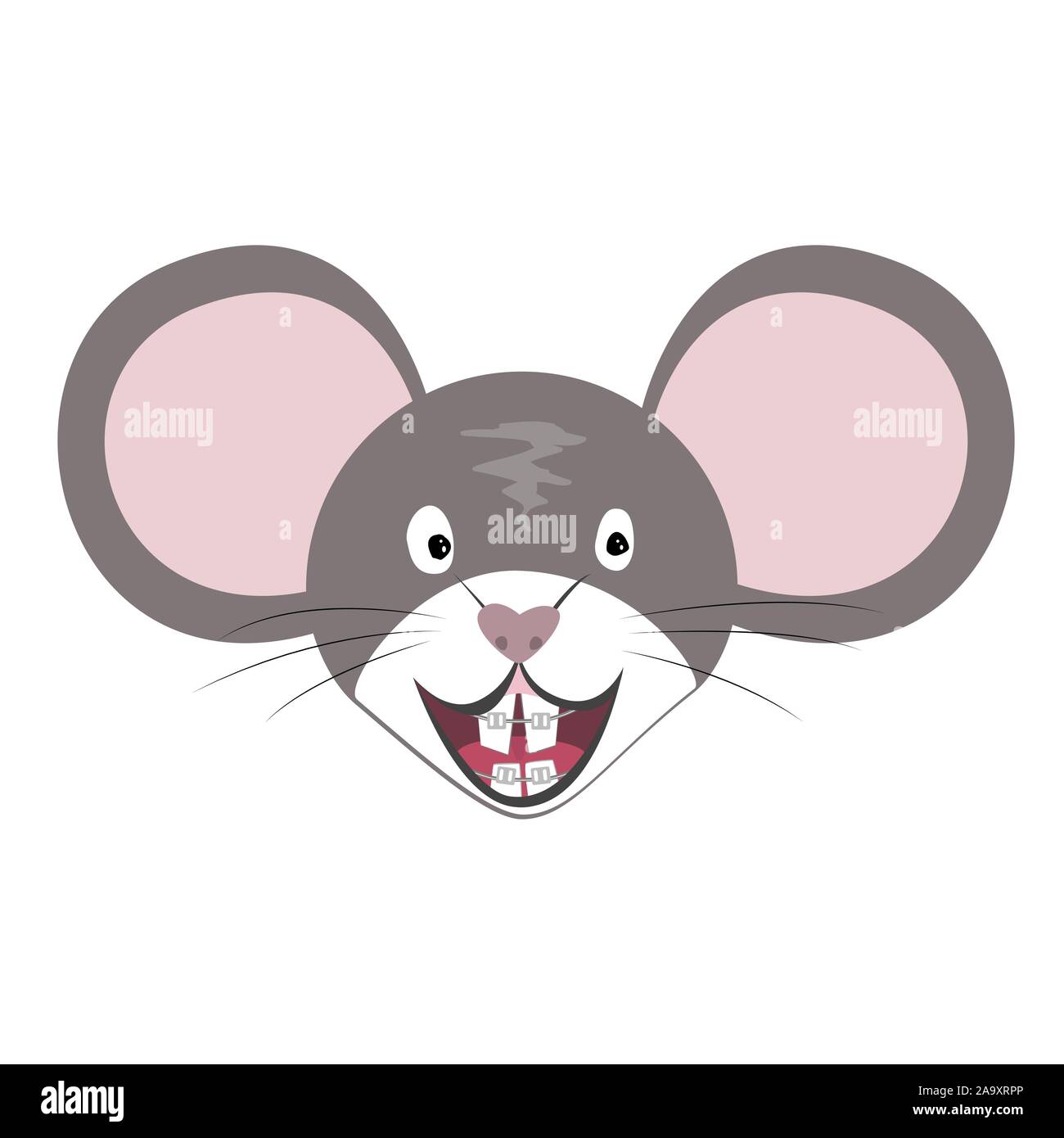 Mouse vettore animale, il Cinese simbolo dello zodiaco. Cartoon piatta  della testa di ratto con denti bretelle grigio faccia di topo isolate. Anno  simbolo per cliniche di odontoiatria Immagine e Vettoriale -
