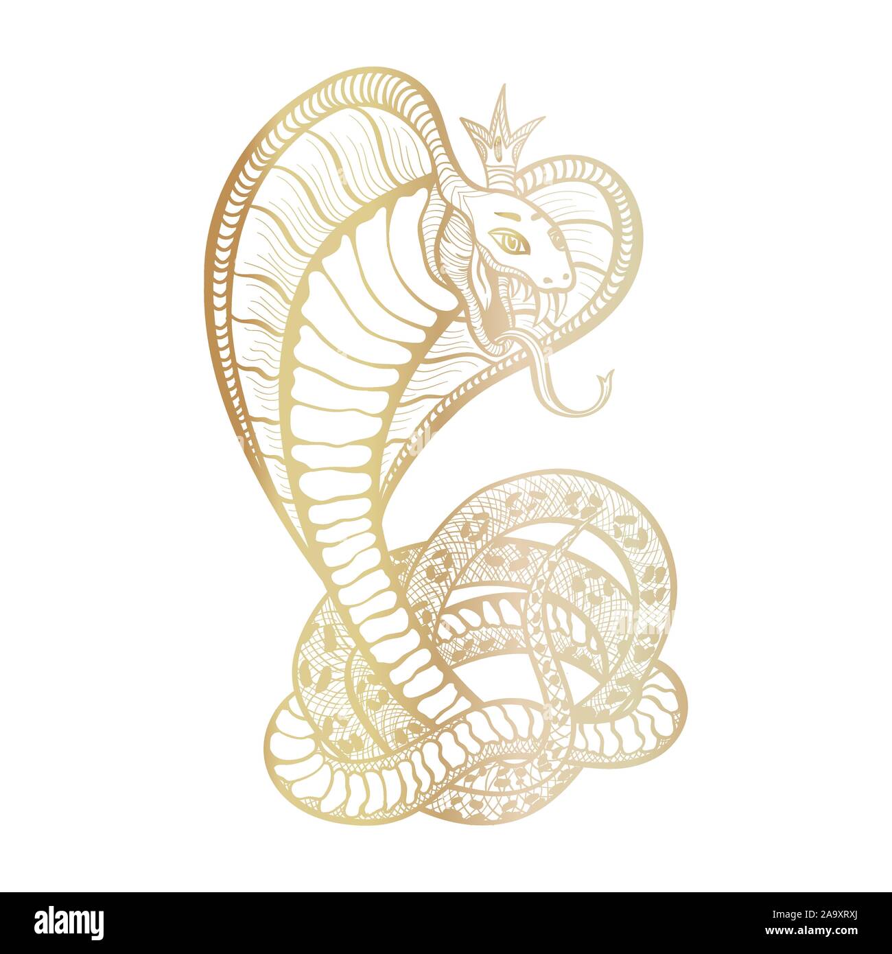Cobra reale con cappa e corona. Golden vettore isolato viper snake, disegnati a mano il logo di lusso per la caccia, tema sport. Il Mascot tattoo modello con zanne e lingua. Carattere femminile. Illustrazione Vettoriale