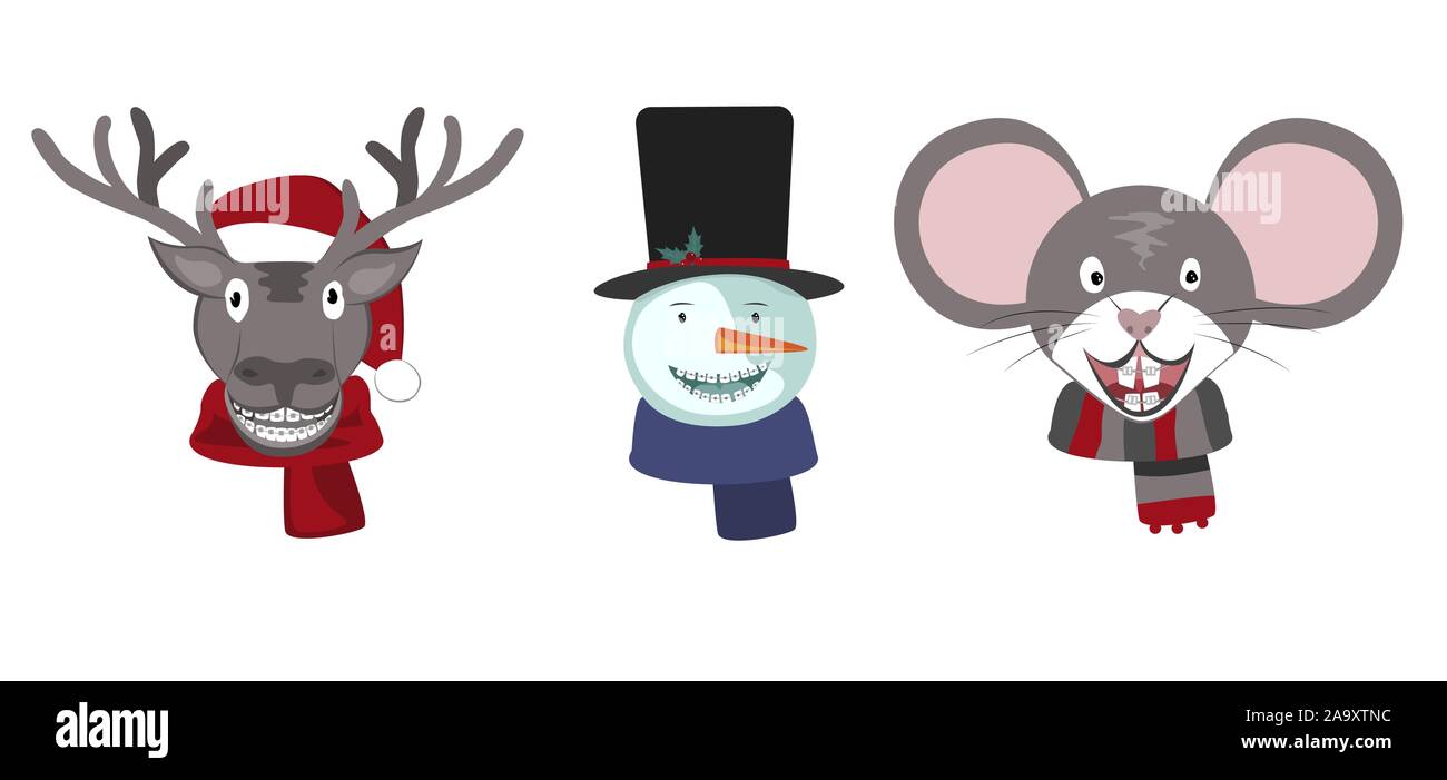 Set di Natale cervi, pupazzo di neve e il mouse con il dentista denti bretelle. Odontoiatria Stagione Invernale concetto, illustrazione vettoriale. Divertenti vacanze 2020 Illustrazione Vettoriale