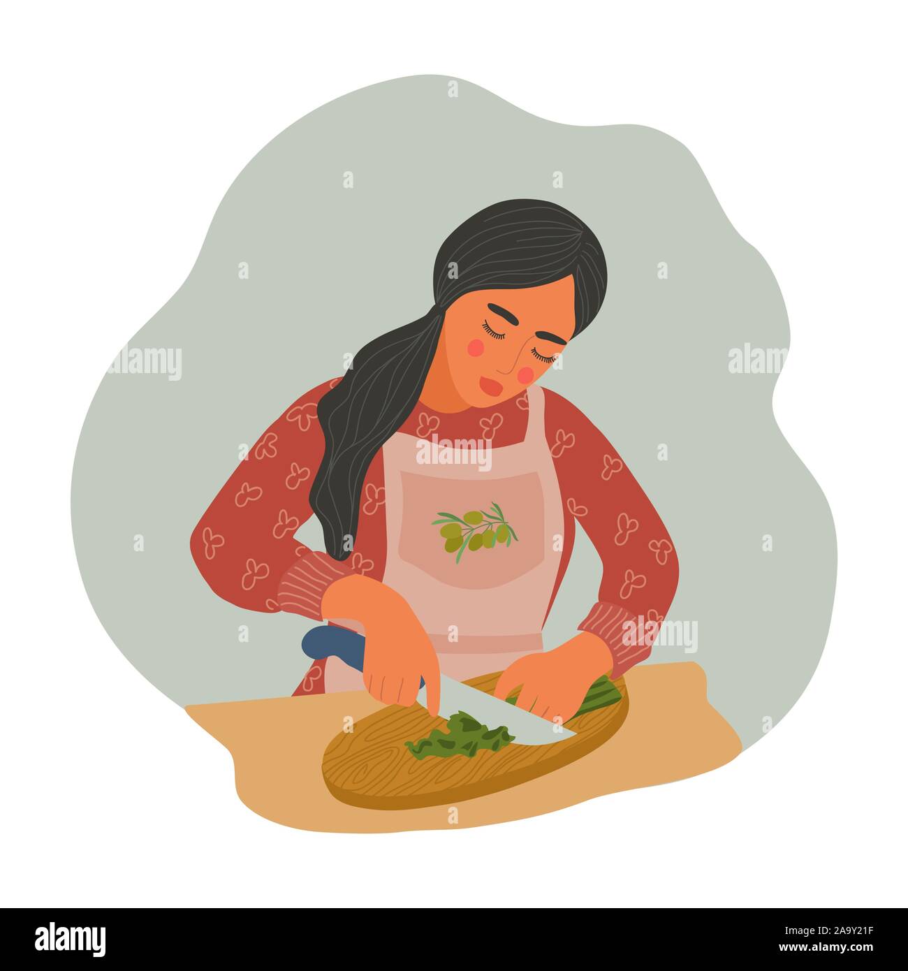 La donna è naturale di cottura di alimenti sani. Ragazza in un grembiule tagli verdi in insalata. Appartamento cartoon illustrazione vettoriale Illustrazione Vettoriale