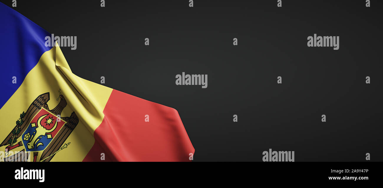 Tessuto bandiera moldova su sfondo scuro Foto Stock