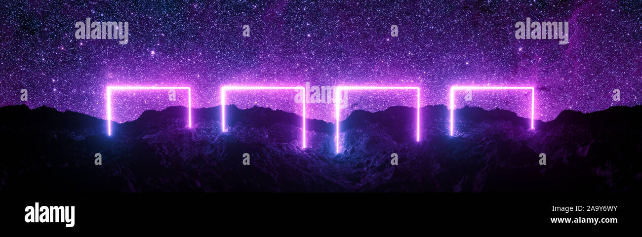 Il futuristico retrò quadrato di luce al neon incandescente sul suolo roccioso, large banner, 3d rendering, spazio starfield sfondo, color porpora. Foto Stock