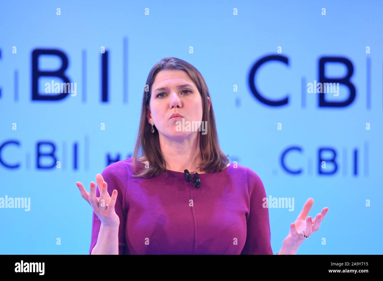 Gruppo del Partito europeo dei liberali democratici leader Jo Swinson parlando alla CBI conferenza annuale presso l'InterContinental Hotel di Londra. Foto di PA. Picture Data: lunedì 18 novembre, 2019. Vedere PA storia politica elezione. Foto di credito dovrebbe leggere: Stefan Rousseau/PA FILO Foto Stock