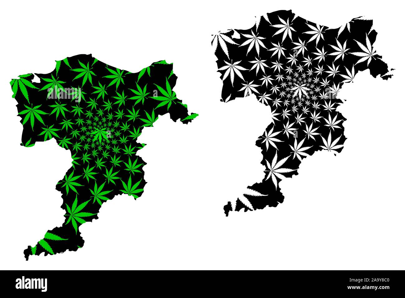 Moray (Regno Unito, Scozia, del governo locale in Scozia) mappa è progettato Cannabis leaf verde e nero, Moray mappa fatta di marijuana (marihuana,T Illustrazione Vettoriale
