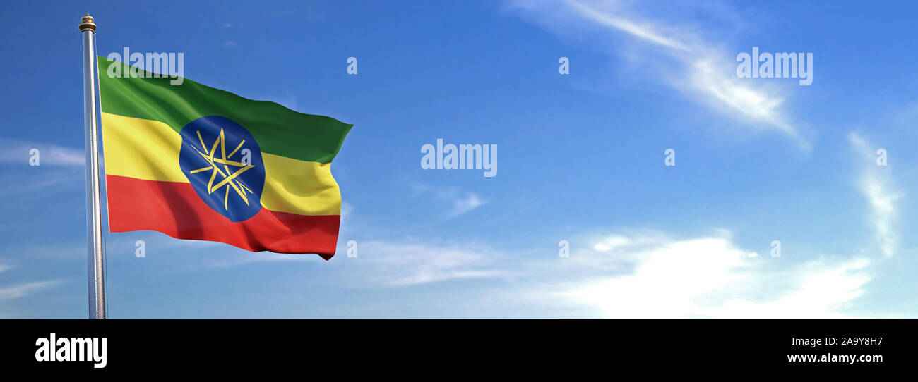 Bandiera di Etiopia luogo sventolano al vento con sky in background Foto Stock