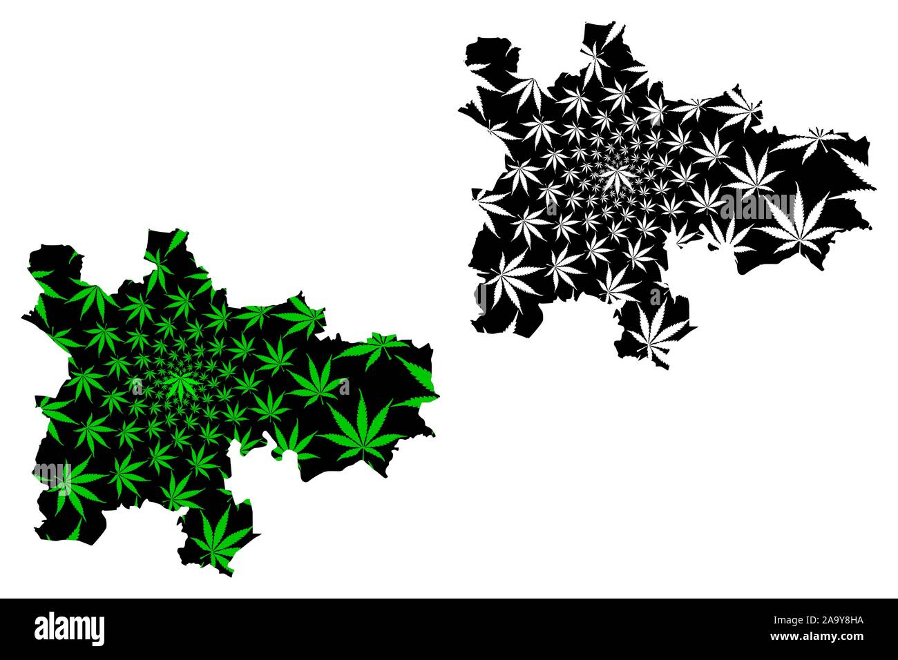 Glasgow (Regno Unito, Scozia, del governo locale in Scozia) mappa è progettato Cannabis leaf verde e nero, città e consiglio di Glasgow Area mappa Illustrazione Vettoriale