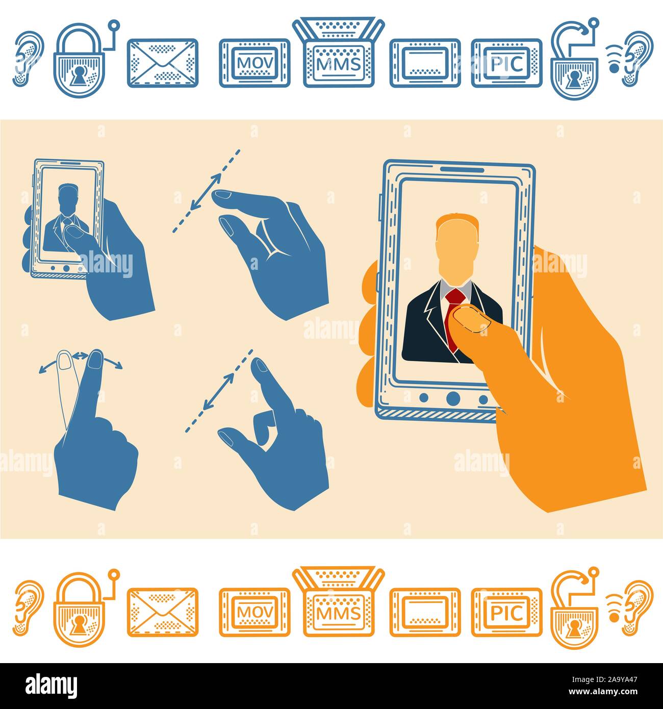 Set di mano azienda montante Mobile Phone con uomo sullo schermo. Piatto e la linea icone di stile Illustrazione Vettoriale