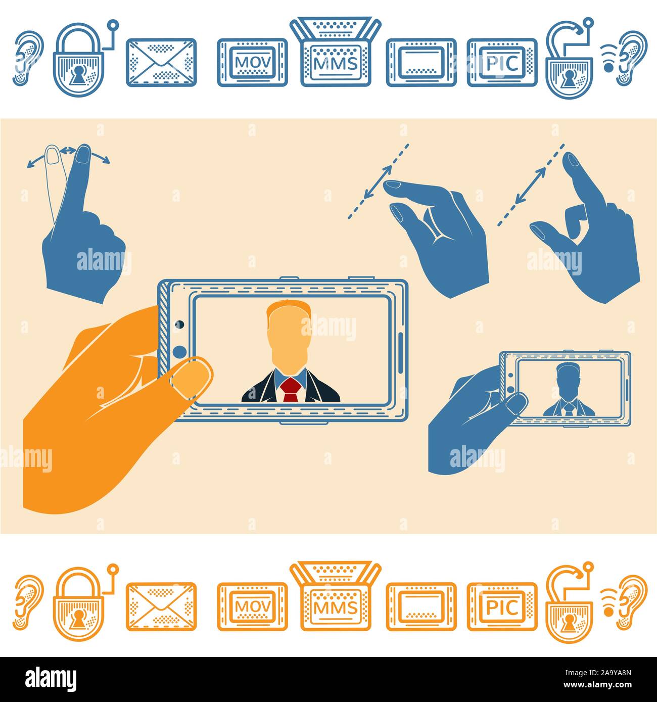 Set di mano azienda orizzontalmente Mobile Phone con uomo sullo schermo. Linea piatta icone di stile Illustrazione Vettoriale