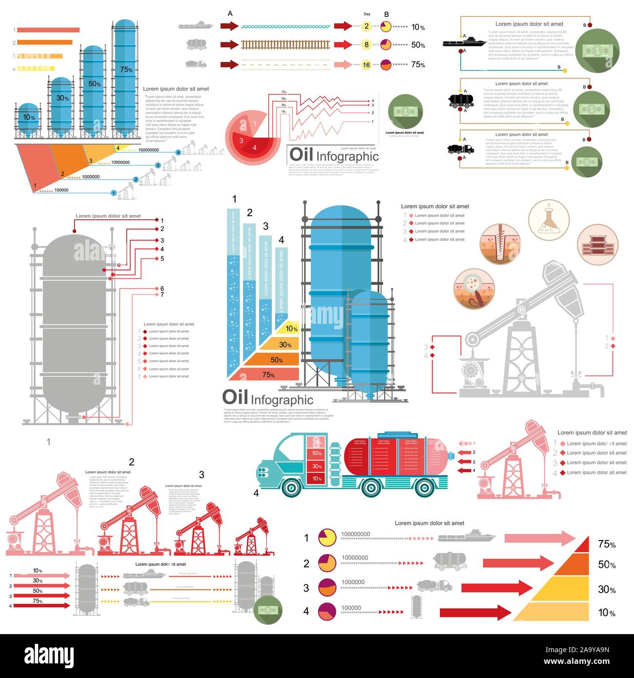 Set di design piatto di derrick olio e gas rig infographics consegna di produzione e stoccaggio di gas Illustrazione Vettoriale