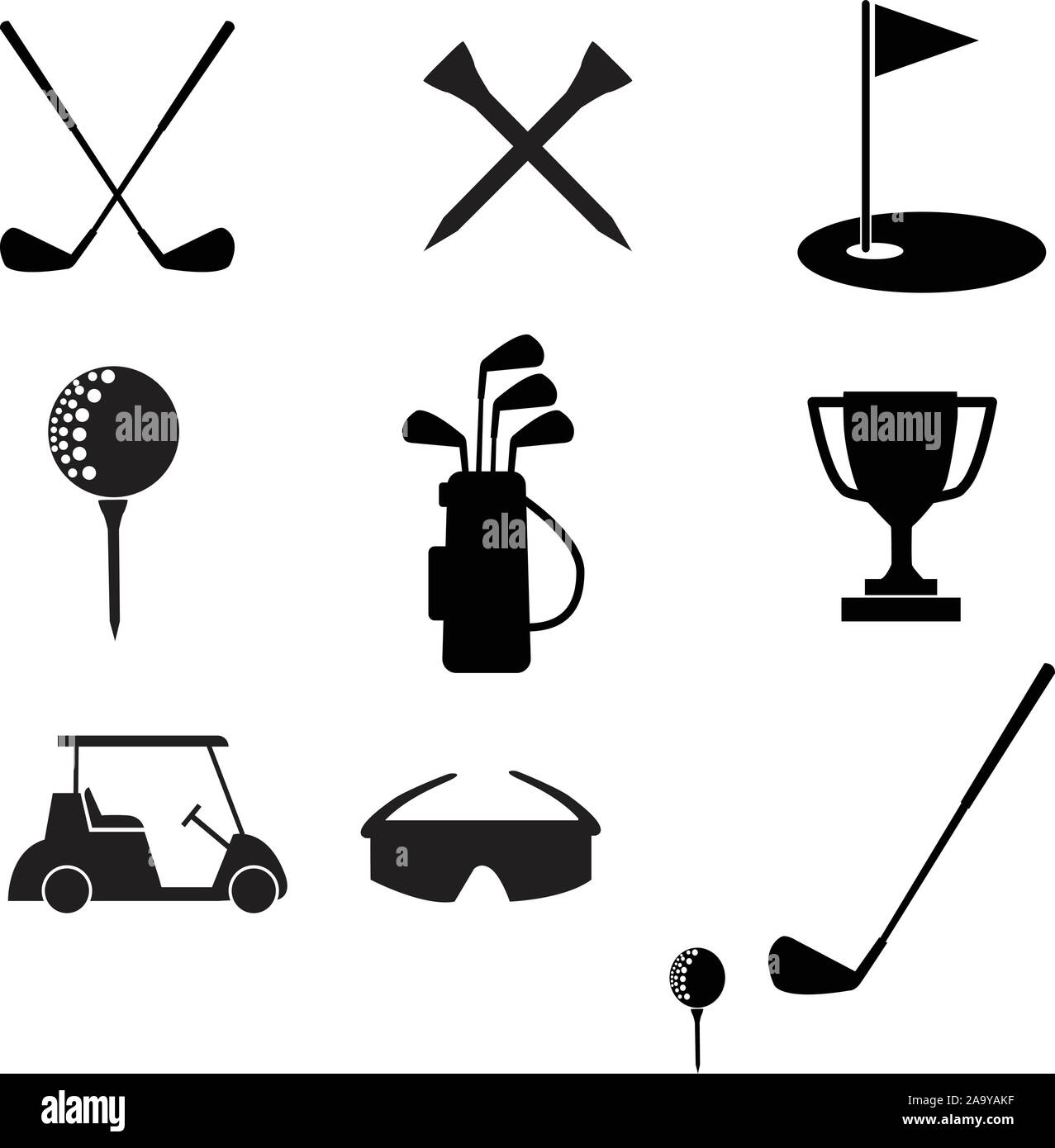 Golf icona impostare su sfondo bianco in stile appartamento con campo da golf e attrezzature simbolo. golf segno. Illustrazione Vettoriale