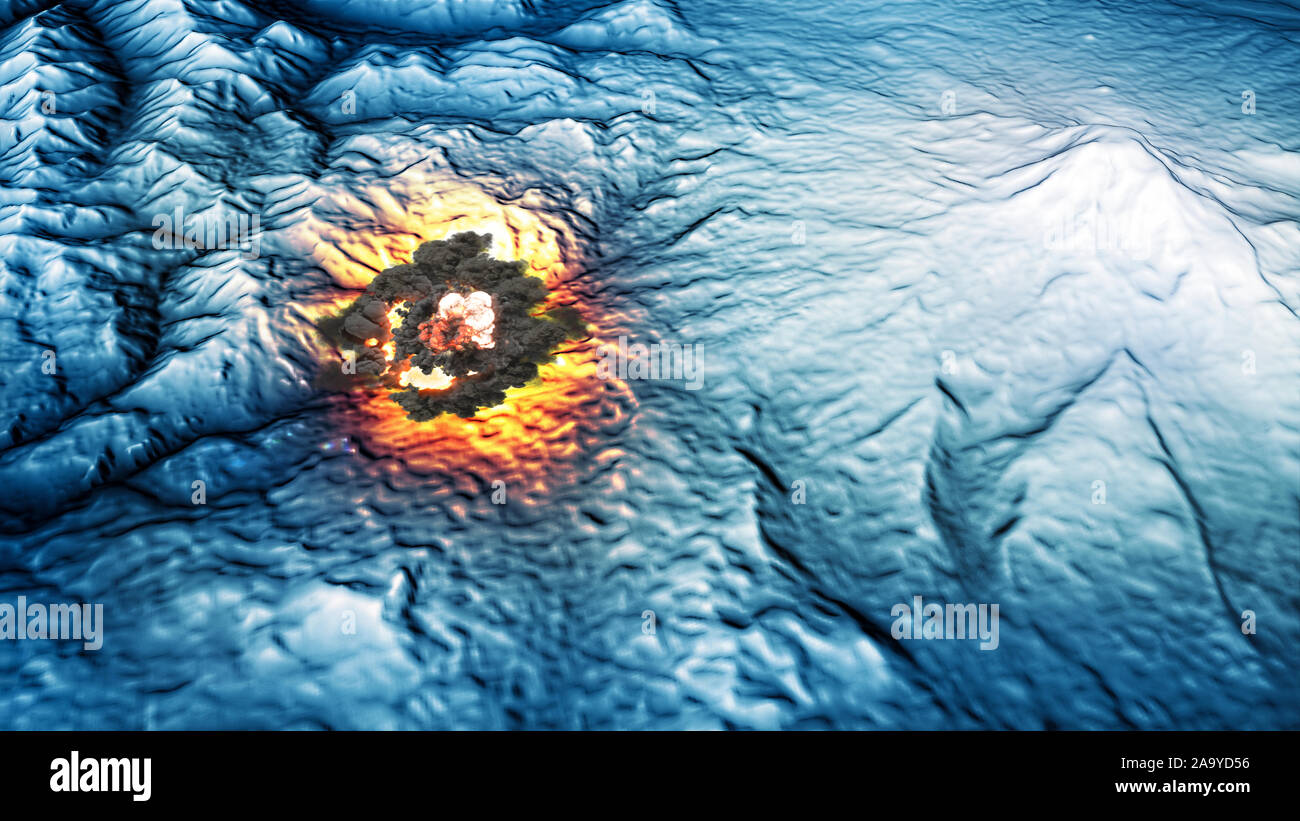 Vista satellitare di terra, operazioni di guerra, fantascienza, visione notturna con sfumature blu. Obiettivo militare. Drone che vola su un'area. Operazione militare. Esplosione Foto Stock