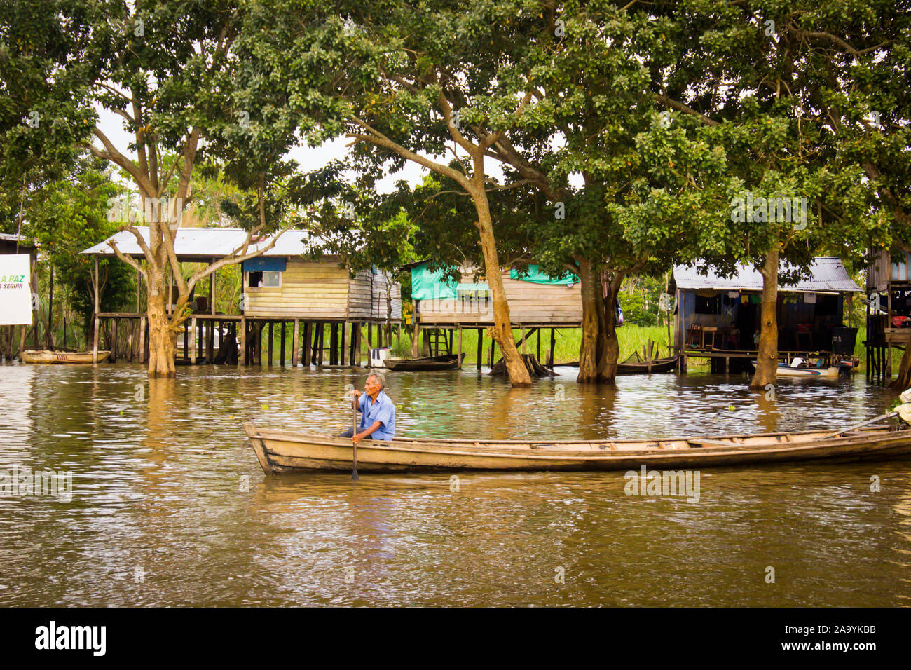 Gli uomini anziani fare canoismo presso Amazon river Foto Stock