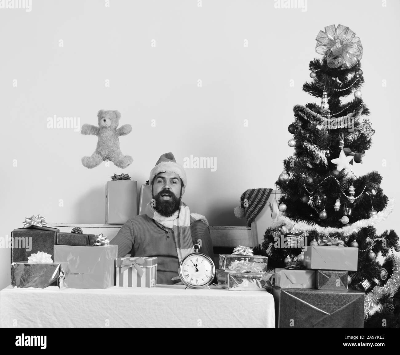 Albero di natale con Santa gettando orsacchiotto fino e si siede vicino a confezioni regalo su sfondo rosa. La vigilia di Natale e Anno Nuovo concetto Foto Stock