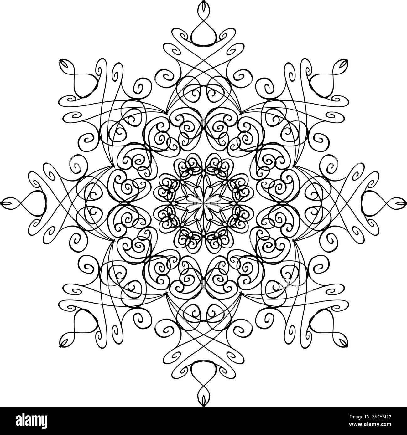 Vector penna e inchiostro disegno di fiocco di neve di forma rotonda, ornamentali in graphic design in stile mandala. Illustrazione Vettoriale