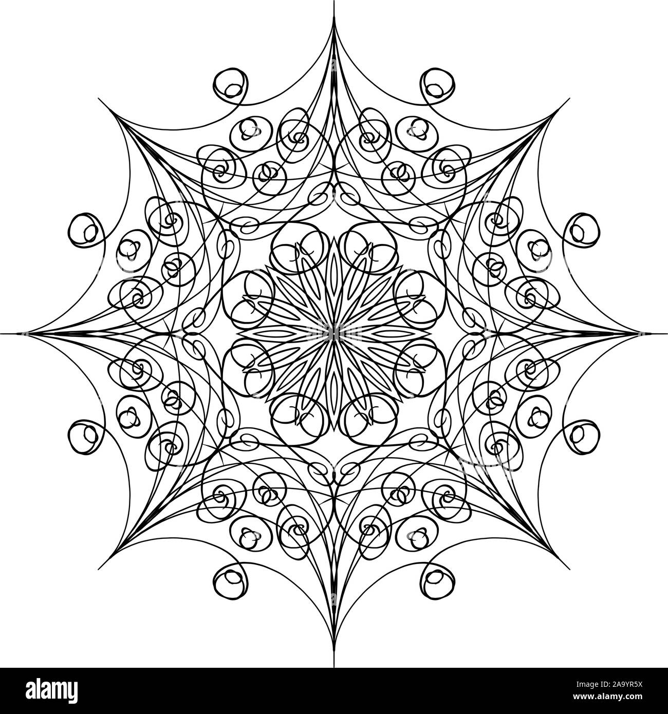 Vector penna e inchiostro disegno di fiocco di neve di forma rotonda, ornamentali in graphic design in stile mandala. Illustrazione Vettoriale