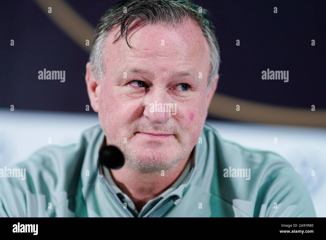 18 novembre 2019, Assia, Frankfurt/Main: Calcio: Campionato Europeo di qualificazione, Germania - Irlanda del Nord, fase di gruppo, gruppo C, decima Giornata, conferenza stampa, la Commerzbank Arena. Irlanda del Nord coach Michael O'Neill è sul podio. Foto: Uwe Anspach/dpa Credito: dpa picture alliance/Alamy Live News Foto Stock