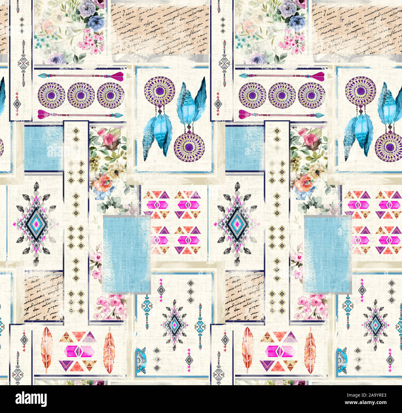 Perfetta configurazione di sfondo. Modello patchwork con fiori. Etnica in stile indiano. Foto Stock